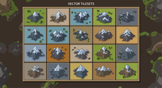Isometric mountain vector tilesets for game design, 20 snowy peak landscape icons, flat cartoon terrain map elements for mobile gaming apps