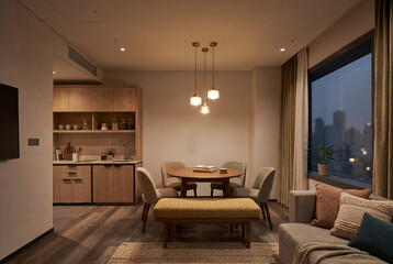 Fototapeta premium High End Apartment Kitchen With Minimal Cabinetry And Architectural Lighting