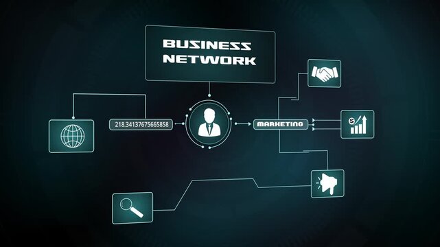 Business network and digital marketing dashboard, futuristic HUD interface for corporate connectivity, global networking and strategic partnership visualization concept.