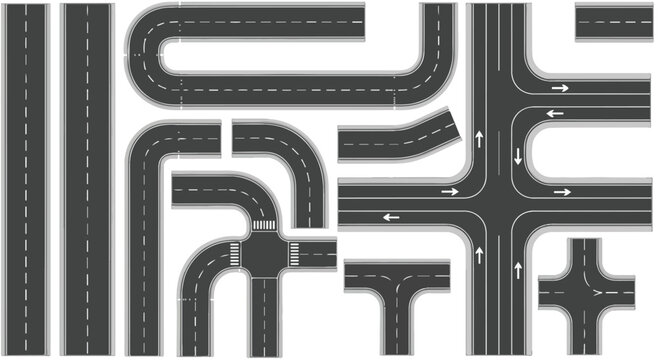 Asphalt road constructor set with highway segments, modular street elements for city map design, overhead view of traffic intersections and curves