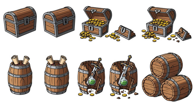 Medieval fantasy game assets collection, wooden treasure chests with gold coins, fantasy RPG loot icons and barrels vector set