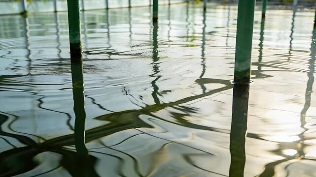 Shallow water rippling from right disturbance in basin, warping grid reflection by green posts