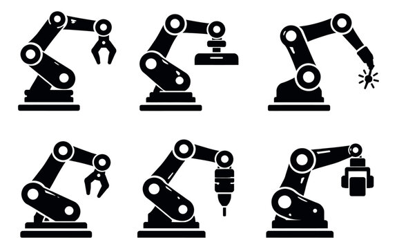 Silhouette industrial robot arm icon set featuring different tools and manipulators for modern automation