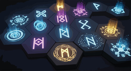 Glowing ancient runes on hexagonal stone tiles, mystical neon magic symbols with holographic light effects, futuristic fantasy game ui elements © line art stcoker.com