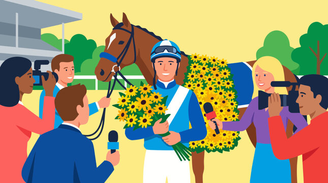 Jockey and Winning Horse Surrounded by Media After Race