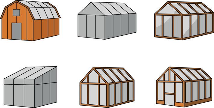 Greenhouse and Barn Icon Set Featuring Different Garden Shed Models, Wooden Frames, Glass Houses, and Storage Buildings for Agriculture and Horticulture Designs