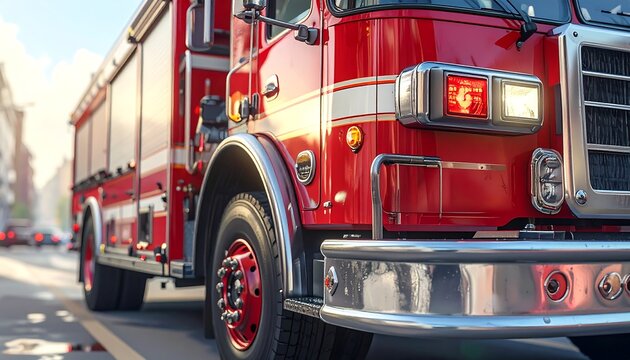 Front side view of classic red fire truck parked on city street with chrome headlights and sunset lighting
