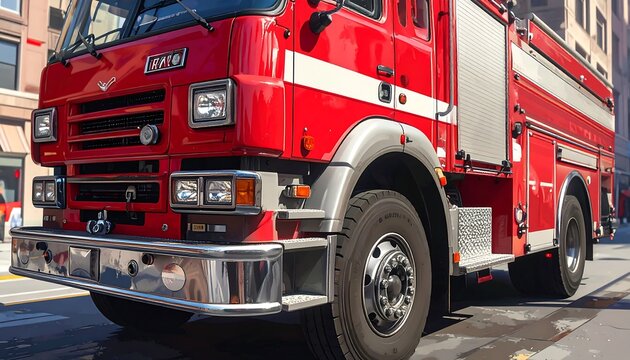 Front side view of classic red fire truck parked on city street with chrome headlights and sunset lighting