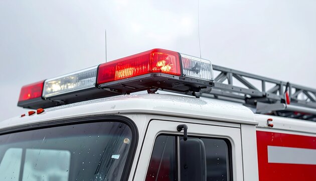 Low angle shot of red emergency siren lights on vehicle roof against dramatic cloudy sky background