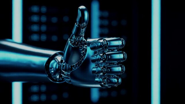 AI Robot Hand Thumbs Up Gesture Artificial Intelligence Approval Success Futuristic Technology 4K Loop