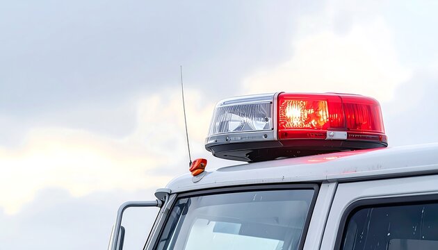 Low angle shot of red emergency siren lights on vehicle roof against dramatic cloudy sky background