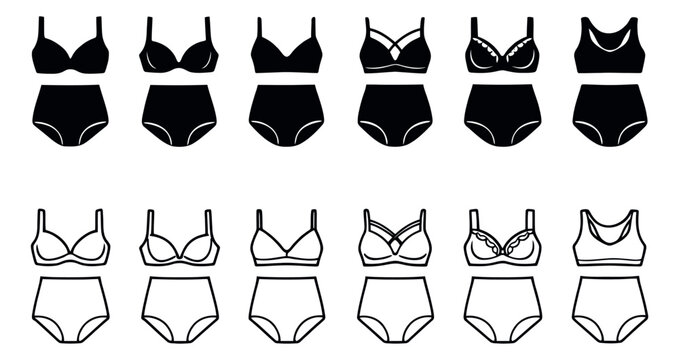 Silhouette and line art lingerie set featuring various styles of bras and high-waisted briefs for fashion and women's apparel design