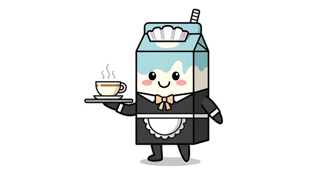 A cartoon milk carton character, dressed as a maid, smiling and carrying a cup of tea on a tray. The illustration features a white background