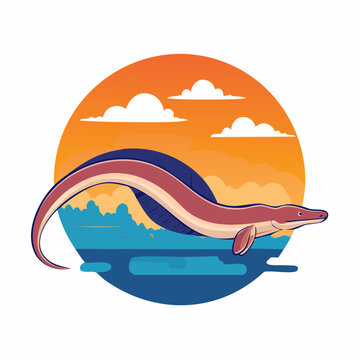Illustration of an eel swimming in the ocean at sunset