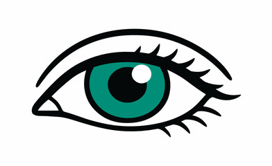 Obraz premium Cartoon female eye with bright teal iris, bold black outline and long lashes on white background. Concept of beauty and vision.