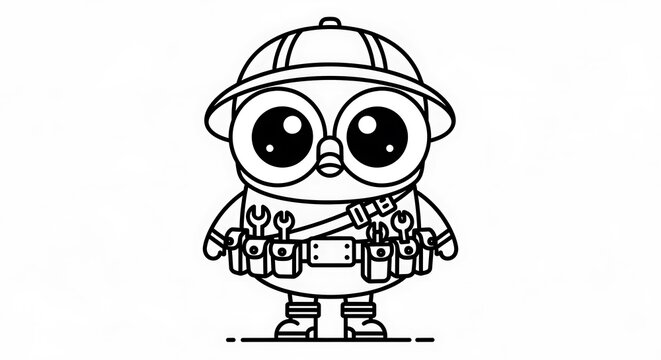 A cartoon owl wearing a construction helmet, tool belt, and boots, ready for work with large, expressive eyes