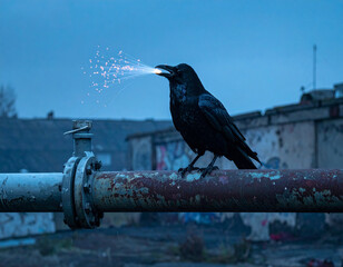 Naklejka premium A black crow holds a glowing fiber optic cable in its beak while perched on a rusty industrial pipe.