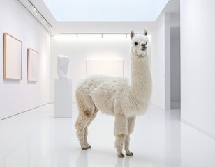 Fototapeta premium A fluffy white llama stands in the center of a minimalist white art gallery beside a single modern sculpture.