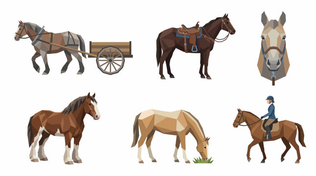 A collection of various horse illustrations including a draft horse pulling a cart, a saddled horse, a horse head, a standing horse, a grazing horse, and a rider on horseback.