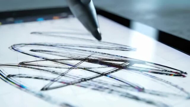 Contacting tablet, digital stylus completing black looping scribble pattern on desk, metallic body