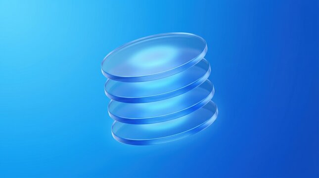 Abstract 3d illustration of a stack of four transparent glass discs or lenses floating in the air, modern minimalist design element on a blue gradient background
