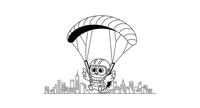 A cartoon owl with a helmet joyfully parachuting above a city skyline. The illustration is black and white
