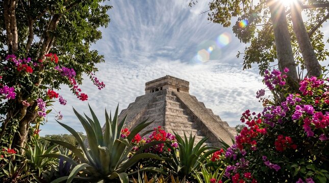 Chichen Itza Pyramid framed by lush foliage and vibrant bougainvillea