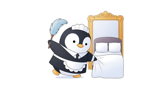 A cartoon penguin, dressed as a maid with a feather duster, tidies a bed next to a large ornate mirror, on a white background