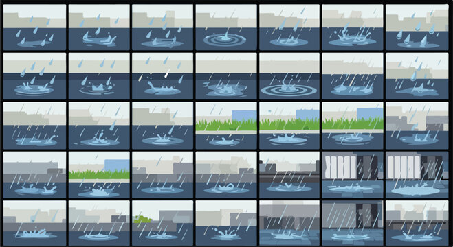 Rain animation sprite sheet, 35 frames of water splash effects on ground, blue raindrops falling in urban city street, 2D game assets vector