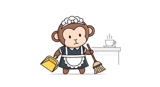 A cartoon monkey wearing a maid outfit holding a broom and a dustpan, with a table and a cup of coffee nearby