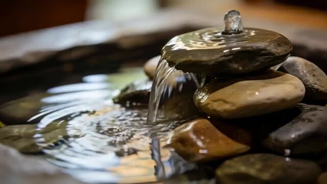 Activating hidden pump driving small tabletop stone fountain on wooden table, sending water column