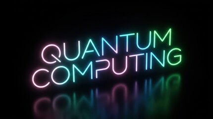 Obraz premium Quantum computing text rendered in vibrant neon glowing letters on a dark reflective background for technology concepts.