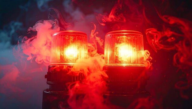 Red emergency lightbar glowing in thick smoke on dark wet road close up