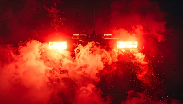 Red emergency lightbar glowing in thick smoke on dark wet road close up