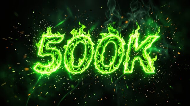 Green burning 500k milestone text with fire flames and sparks for social media celebration.