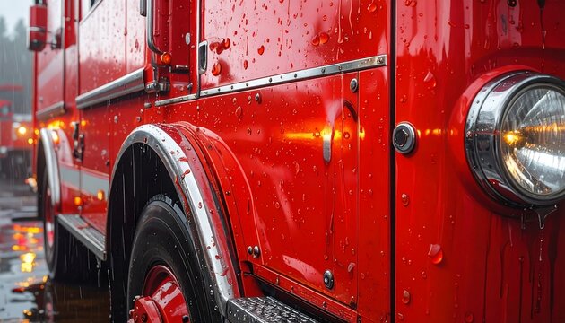 Red fire truck side panel close up with water drops and glowing vintage headlight