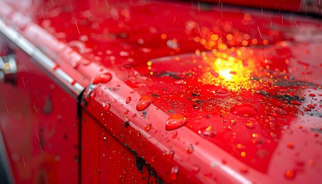 Red fire truck side panel close up with water drops and glowing vintage headlight