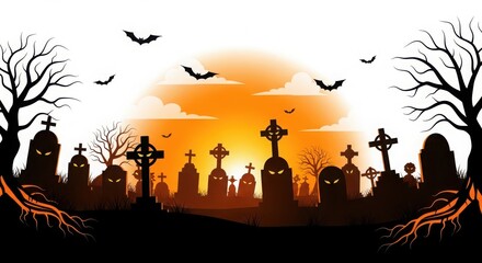Naklejka premium Spooky Halloween graveyard scene with tombstones bats and bare trees against orange sunset cemetery crosses