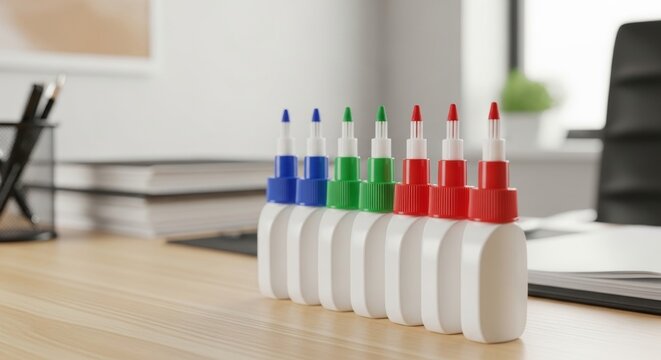 Line of Correction Fluid Bottles with Applicators on Desk