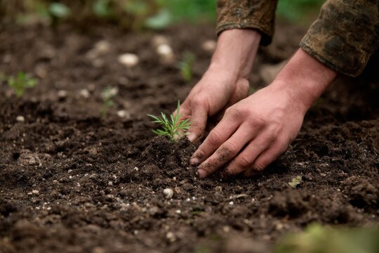 Close up shot of the hands of a backyard gardener planting a seedling plant in a vegetable garden