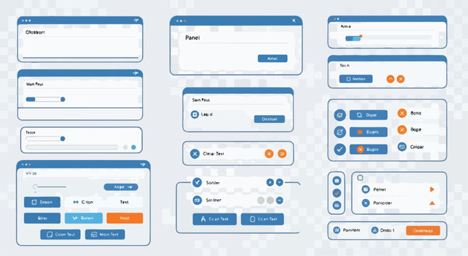 Modern UI kit vector elements, blue and orange software interface components, web dashboard widgets and application design set