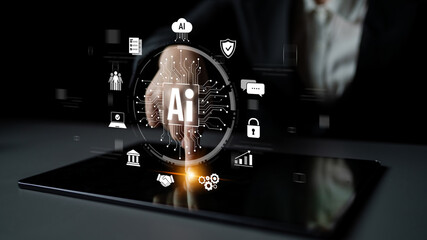 Fototapeta na wymiar AI assistant with LLM, big data, machine learning, and generative AI powers prompt engineering and supports agentic AI for advanced business applications. Latch