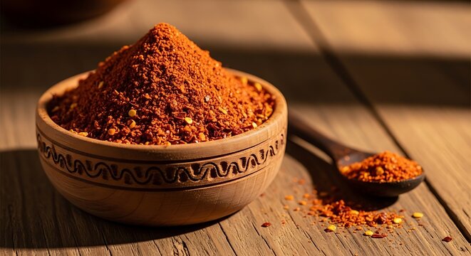 A wooden bowl filled with colorful aromatic spices and herbs on a rustic wooden table surface. aleppo pepper powder