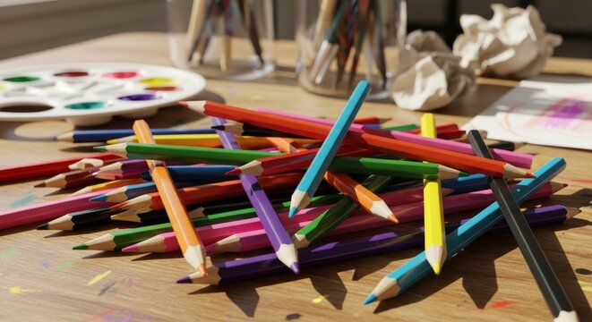 Pile of Colorful Unsharpened Pencils on Wooden Surface