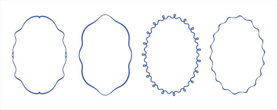 Navy blue oval frames set with wavy lines bows curly shapes isolated Hand-drawn trendy vintage style, perfect for wedding invitations, birthday cards, and holiday vector illustration template sign