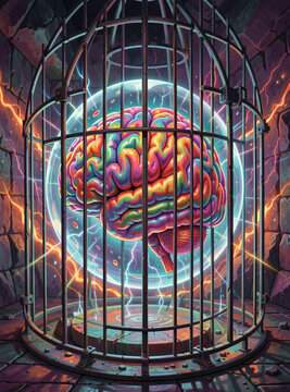 Glowing brain pulses inside a metallic cage. Colorful neural patterns radiate from its core. Electric arcs illuminate the surrounding stone walls. The cage rests on a circular metal base