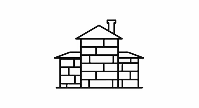 Stylized outline of a brick building with a pitched roof and chimney