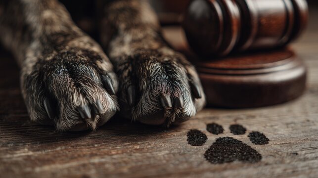 Dog paw and gavel symbolizing pet medical insurance and animal rights legal advocacy, paw print on wood near legal hammer.