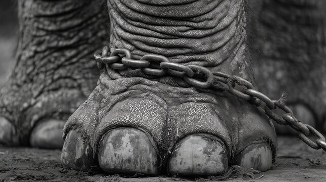 Elephant foot bound by metal chain symbolizing animal rights and animal welfare issues, captivity, cruelty, and call for protection and humane treatment.