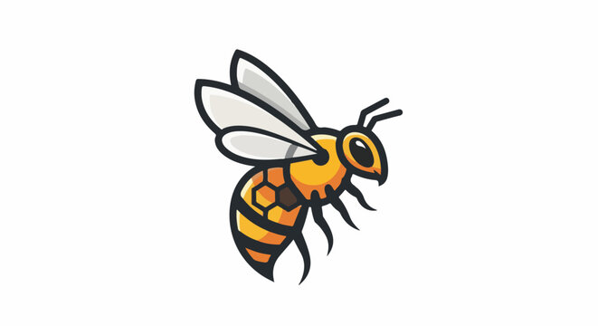 Stylized buzzing bee with yellow, orange, and black segments and translucent wings